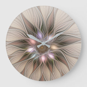 Joyful Blume Abstrakt Beige Brown Fraktal Große Wanduhr