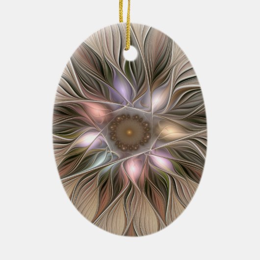 Joyful Blume Abstrakt Beige Brown Fraktal Keramik Ornament (Hinten)
