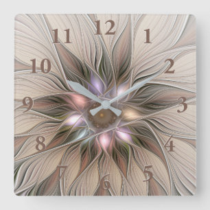 Joyful Blume Abstrakt Beige Brown Fraktal Quadratische Wanduhr