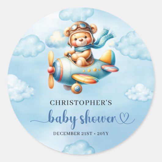 Joyful Boy Shower Pilot Bear Blue Party Sticker (Vorderseite)