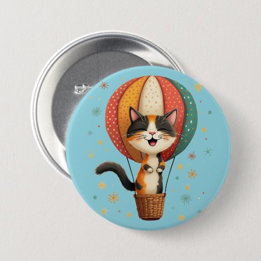 Joyful Calico Cat Sky Adventure Illustration Button (Vorne & Hinten)