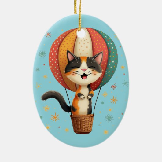Joyful Calico Cat Sky Adventure Illustration Keramik Ornament (Hinten)