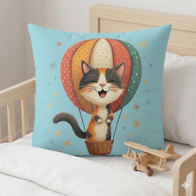 Joyful Calico Cat Sky Adventure Illustration Kissen (Joyful Calico Cat Sky Adventure Illustration Throw Pillow Mockup A)