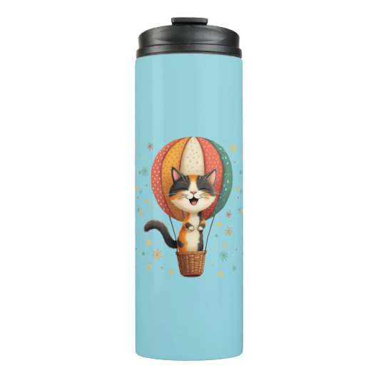 Joyful Calico Cat Sky Adventure Illustration Thermosbecher (Vorderseite)