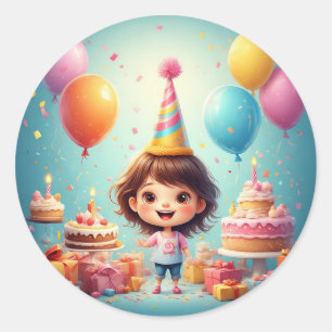 Joyful Child feiert Geburtstag mit Kuchen Runder Aufkleber