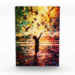 Joyful Child Playing with Birds Sunrise Water Fotoblock
