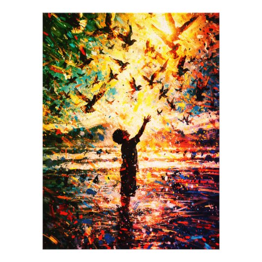 Joyful Child Playing with Birds Sunrise Water Fotodruck (Vorne)