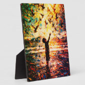 Joyful Child Playing with Birds Sunrise Water Fotoplatte (Seite)