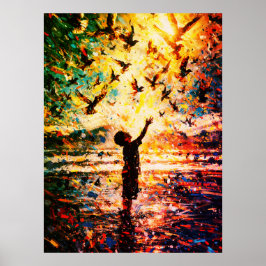 Joyful Child Playing with Birds Sunrise Water Poster