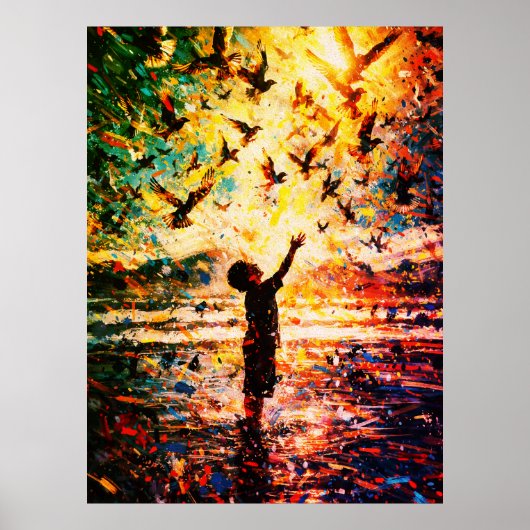 Joyful Child Playing with Birds Sunrise Water Poster (Vorne)