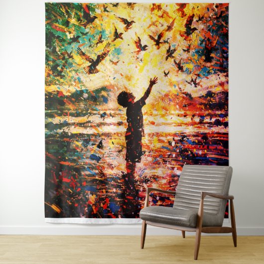 Joyful Child Playing with Birds Sunrise Water Wandteppich (Beispiel)