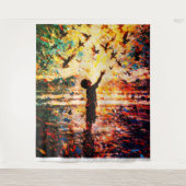 Joyful Child Playing with Birds Sunrise Water Wandteppich (Vorderseite)