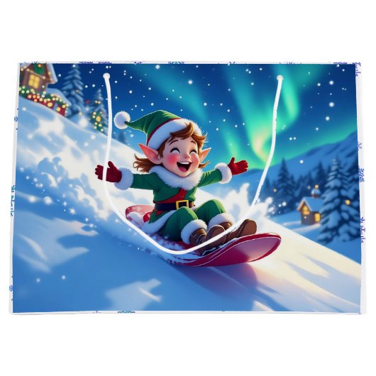 Joyful Christmas Elf Sledding Große Geschenktüte (Vorderseite)