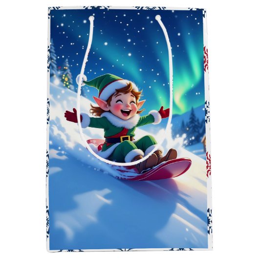 Joyful Christmas Elf Sledding Mittlere Geschenktüte (Vorderseite)