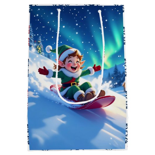 Joyful Christmas Elf Sledding Mittlere Geschenktüte (Rückseite)