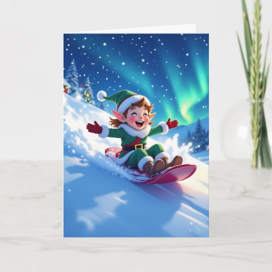 Joyful Christmas Elf Sledding Personalize Karte (Vorderseite)
