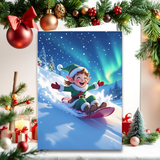 Joyful Christmas Elf Sledding Personalize Karte