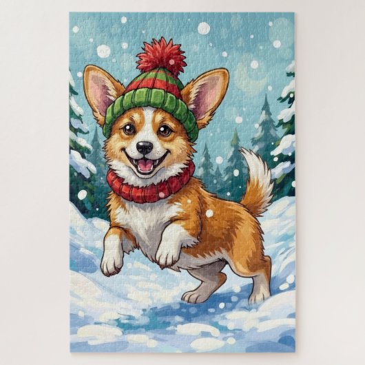 Joyful Corgi Dog Bouncing in Snow with Pom Pom Puzzle (Vertikal)