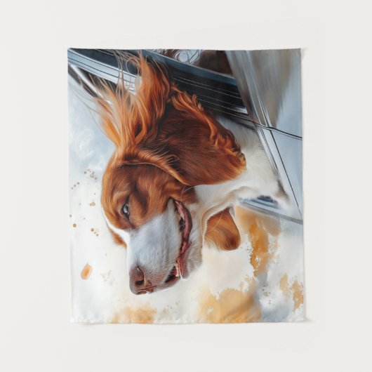 Joyful Dog in Wind Art Print Wandteppich (Vorderseite)