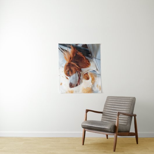 Joyful Dog in Wind Art Print Wandteppich (Beispiel)