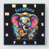Joyful Elefant, der Gitarre spielt Quadratische Wanduhr (Vorderseite)