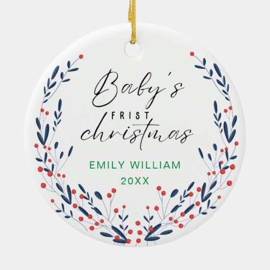 Joyful Elegant Floral Baby's First Christmas Keramik Ornament (Hinten)