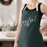 Joyful Elegant White Calligraphy Dark Green Schürze<br><div class="desc">Freuen Sie sich auf eine gelungene,  weiße Kalligrafie,  dunkelgrün mit weißen Gurten.</div>
