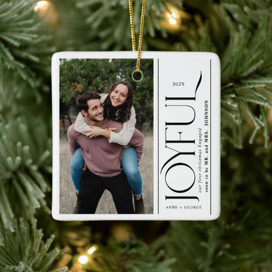 Joyful First Christmas Engaged Couples Photo Keramikornament (Baum)