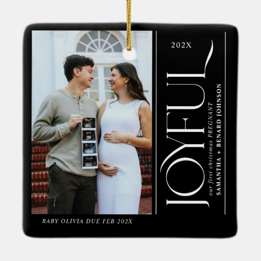 Joyful First Christmas Pregnant Photo Couple Keramikornament (Rückseite)