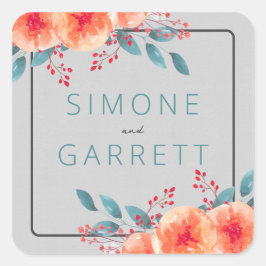 Joyful Floral Orange und Aquamarine helle Hochzeit Quadratischer Aufkleber