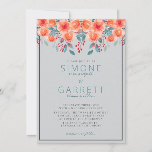 Joyful Floral Orange und Aquamarine Hochzeit Einladung (Vorderseite)