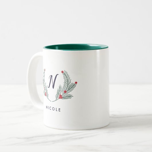 Joyful Foliage Holiday Monogram Zweifarbige Tasse (Vorderseite Links)