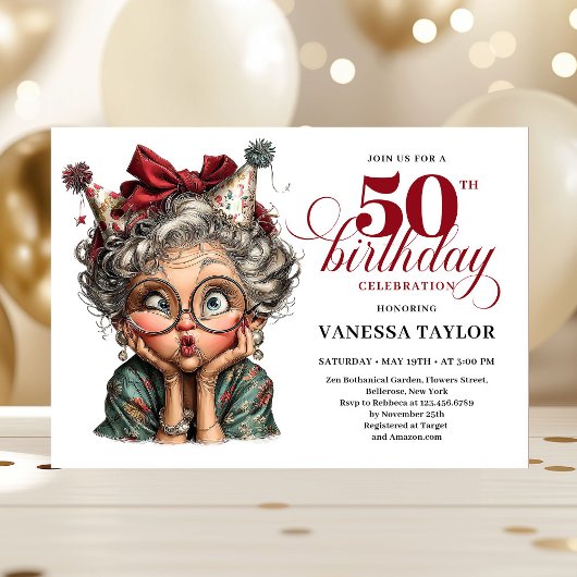Joyful Funny Lady 50th Birthday Cartoon Humor  Einladung