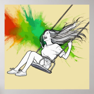 Joyful Girl on Swing - Vibrant Splash of Colors Poster