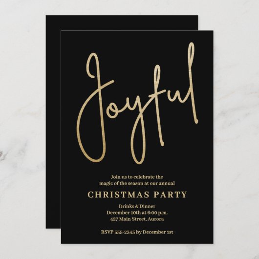 JOYFUL Gold Faux Foil on Black Christmas Party Einladung (Vorne/Hinten)