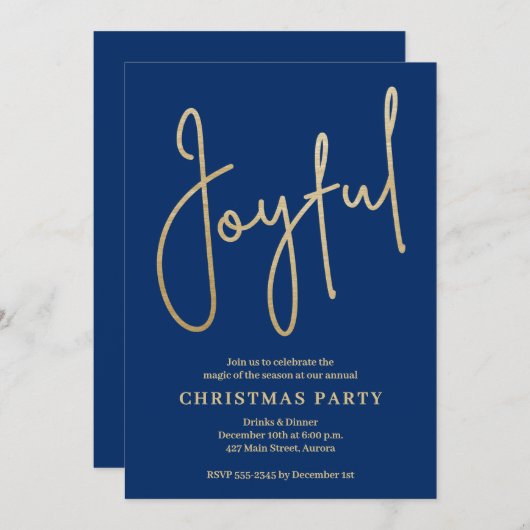 JOYFUL Gold Faux Foil on Blue Christmas Party Einladung (Vorne/Hinten)