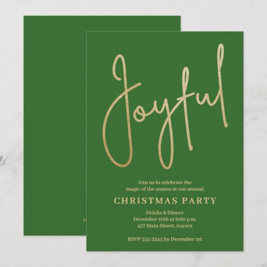 JOYFUL Gold Faux Foil on Green Christmas Party Einladung (Vorne/Hinten)