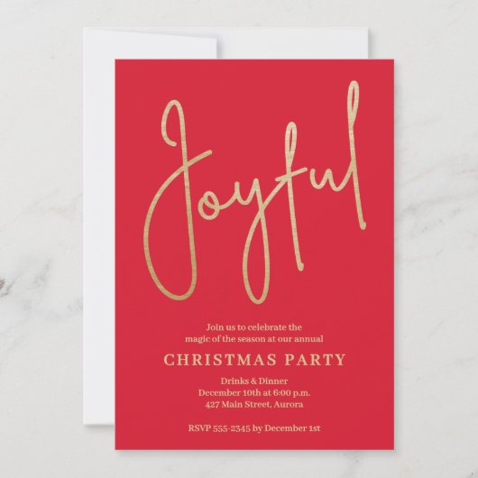 JOYFUL Gold Faux Foil on Red Christmas Party Einladung (Vorderseite)