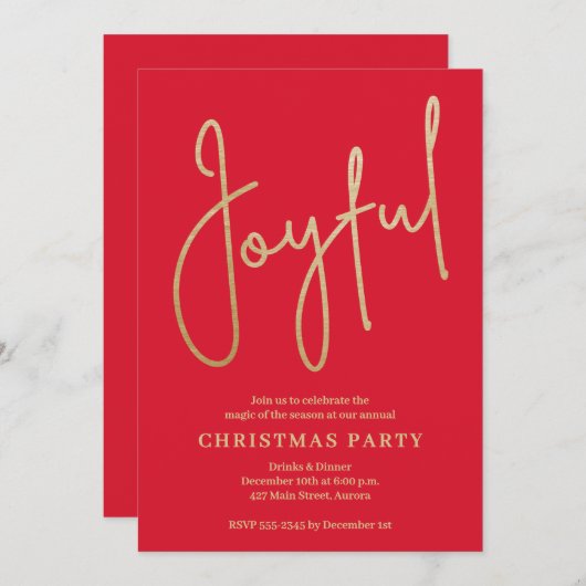 JOYFUL Gold Faux Foil on Red Christmas Party Einladung (Vorne/Hinten)