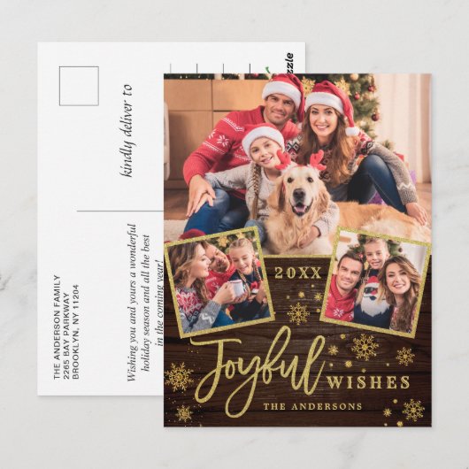 Joyful Gold Frame Modernes Script 3 FOTO Gruß Postkarte (Vorne/Hinten)