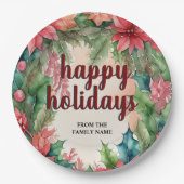 Joyful Green Wreath & Red Poinsettia Holiday Pappteller (Vorderseite)