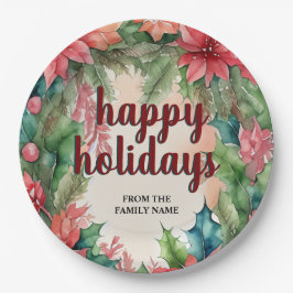 Joyful Green Wreath & Red Poinsettia Holiday Pappteller