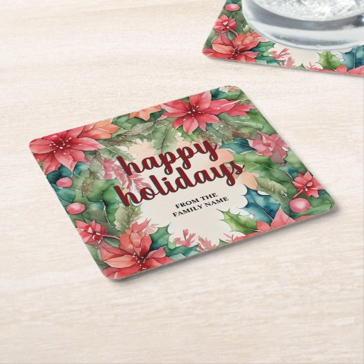 Joyful Green Wreath & Red Poinsettia Holiday Rechteckiger Pappuntersetzer (angewinkelt)