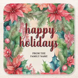 Joyful Green Wreath & Red Poinsettia Holiday Rechteckiger Pappuntersetzer