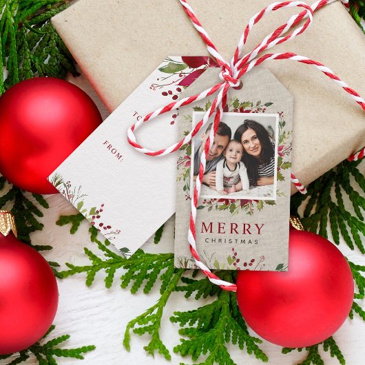 Joyful Greenery Custom Foto Frohe Weihnachten Geschenkanhänger