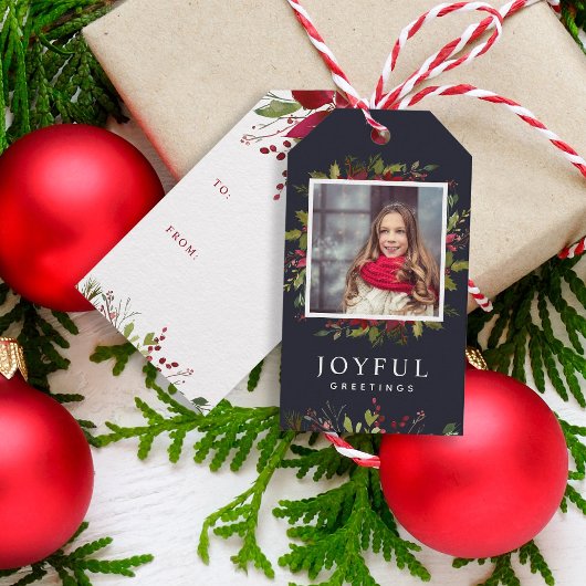 Joyful Greenery Custom Foto Frohe Weihnachten Geschenkanhänger