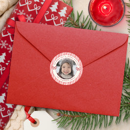 Joyful Holiday Red Bow and Stripes Custom Foto Runder Aufkleber