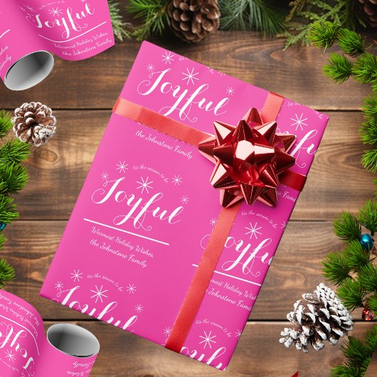 Joyful Holiday Script Chic Hot Pink Weihnachtsgesc Geschenkpapier