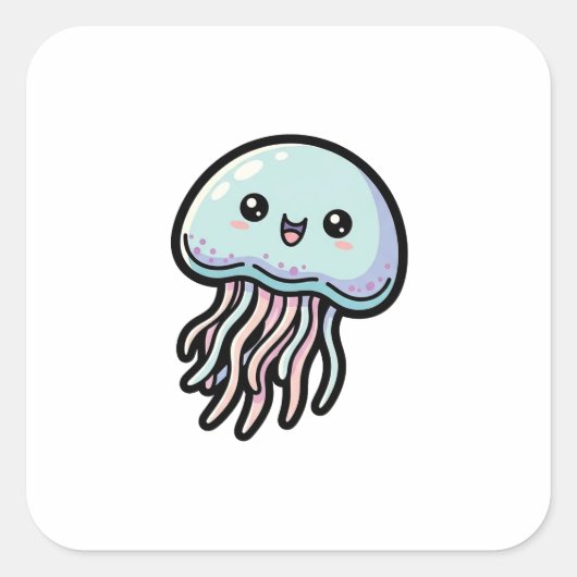 Joyful Jellyfish – Cute Kawaii Illustration Quadratischer Aufkleber (Vorderseite)