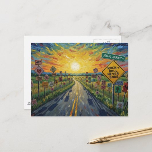 Joyful Journey Ave Rock and Roll Never Ends Postkarte (Vorderseite/Rückseite Beispiel)